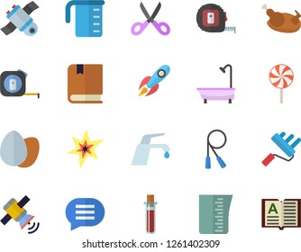 Color flat icon set tape measure flat vector, paint roller, shower, faucet, meashuring cup, scissors, egg, chicken, lollipop, rocket, blood test, satellit, spark, textbook, skipping rope, chat, book