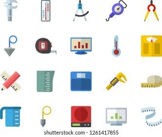 Color flat icon set tape measure flat vector, construction plummet, weighing machine, meashuring cup, spring balance, thermometer, trammel, dividers, computer chart, centimeter