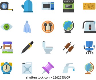 Color flat icon set tape measure flat vector, toilet, faucet, electric kettle, potholder, towel, stove, microwave, table setting, cheese, shashlik, well, canister, eye, drawing pin, office chair