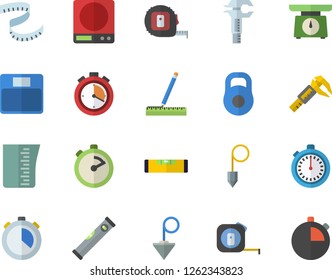 Color flat icon set tape measure flat vector, level meter, construction plummet, weighing machine, meashuring cup, stopwatch, trammel, weight, centimeter