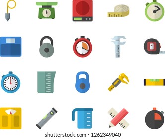 Color flat icon set tape measure flat vector, level meter, construction plummet, weighing machine, meashuring cup, stopwatch, trammel, weight, centimeter