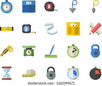 Color flat icon set tape measure flat vector, level meter, construction plummet, weighing machine, stopwatch, trammel, weight, centimeter, hourglass