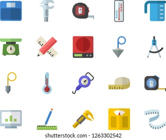 Color flat icon set tape measure flat vector, construction plummet, weighing machine, meashuring cup, spring balance, thermometer, trammel, dividers, computer chart, centimeter