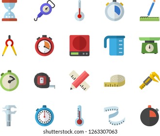 Color flat icon set tape measure flat vector, weighing machine, meashuring cup, spring balance, stopwatch, temperature, thermometer, trammel, dividers, centimeter, hourglass