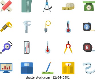 Color flat icon set tape measure flat vector, construction plummet, weighing machine, meashuring cup, spring balance, temperature, thermometer, trammel, dividers, computer chart, centimeter