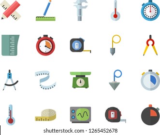 Color flat icon set tape measure flat vector, construction plummet, weighing machine, meashuring cup, temperature, thermometer, dividers, trammel, oscilloscope, centimeter, stopwatch