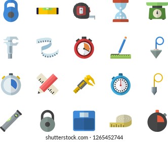 Color flat icon set tape measure flat vector, level meter, construction plummet, weighing machine, trammel, weight, centimeter, stopwatch, hourglass