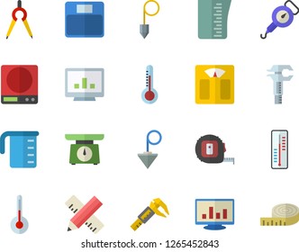 Color flat icon set tape measure flat vector, construction plummet, weighing machine, meashuring cup, spring balance, temperature, thermometer, trammel, dividers, computer chart, centimeter