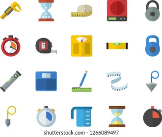 Color flat icon set tape measure flat vector, level meter, construction plummet, weighing machine, meashuring cup, trammel, weight, centimeter, stopwatch, hourglass