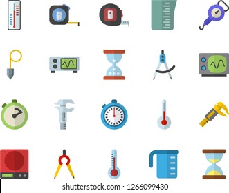 Color flat icon set tape measure flat vector, construction plummet, weighing machine, meashuring cup, spring balance, stopwatch, temperature, thermometer, trammel, dividers, oscilloscope, hourglass