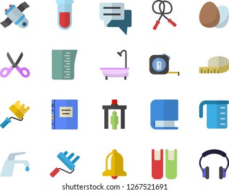 Color flat icon set tape measure flat vector, paint roller, shower, faucet, meashuring cup, scissors, egg, chat, blood test, book, satellit, textbook, centimeter, skipping rope, control gate fector