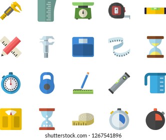 Color flat icon set tape measure flat vector, level meter, weighing machine, meashuring cup, trammel, weight, centimeter, stopwatch, hourglass