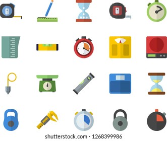 Color flat icon set tape measure flat vector, level meter, construction plummet, weighing machine, meashuring cup, stopwatch, trammel, weight, hourglass