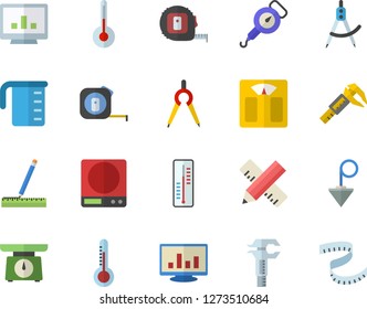 Color flat icon set tape measure flat vector, construction plummet, weighing machine, meashuring cup, spring balance, temperature, thermometer, trammel, dividers, computer chart, centimeter