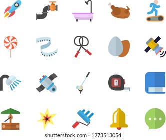 Color flat icon set tape measure flat vector, paint roller, shower, egg, chicken, lollipop, well, main pipeline, rocket, book, satellit, spark, centimeter, skipping rope, Treadmill, golf fector