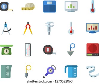 Color flat icon set tape measure flat vector, construction plummet, weighing machine, meashuring cup, spring balance, temperature, thermometer, dividers, trammel, computer chart, centimeter