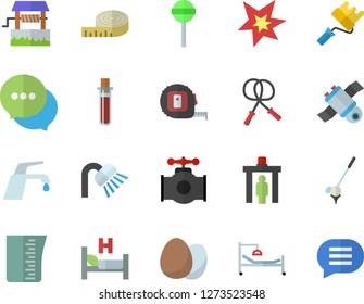 Color flat icon set tape measure flat vector, paint roller, shower, faucet, meashuring cup, egg, lollipop, well, main pipeline, chat, blood test, hospital bed, satellit, spark, centimeter, golf