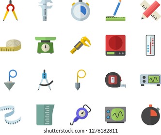 Color flat icon set tape measure flat vector, construction plummet, weighing machine, meashuring cup, spring balance, thermometer, trammel, dividers, oscilloscope, centimeter, stopwatch