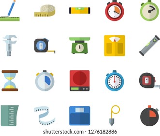 Color flat icon set tape measure flat vector, level meter, construction plummet, weighing machine, meashuring cup, stopwatch, trammel, centimeter, hourglass