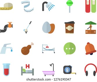 Color flat icon set tape measure flat vector, shower, faucet, egg, chicken, lollipop, coffe, well, main pipeline, blood test, hospital bed, book, centimeter, golf fector, bell, chat, headset