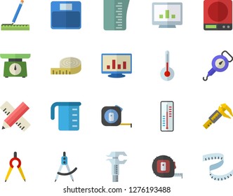 Color flat icon set tape measure flat vector, weighing machine, meashuring cup, spring balance, temperature, thermometer, trammel, dividers, computer chart, centimeter