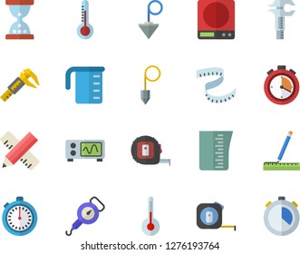 Color flat icon set tape measure flat vector, construction plummet, weighing machine, meashuring cup, spring balance, temperature, thermometer, trammel, oscilloscope, centimeter, stopwatch