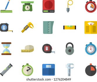 Color flat icon set tape measure flat vector, level meter, construction plummet, weighing machine, meashuring cup, stopwatch, trammel, weight, centimeter, hourglass