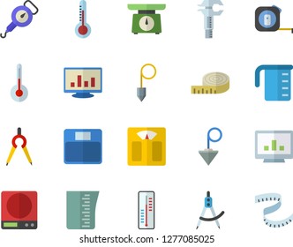 Color flat icon set tape measure flat vector, construction plummet, weighing machine, meashuring cup, spring balance, temperature, thermometer, dividers, trammel, computer chart, centimeter