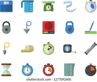Color flat icon set tape measure flat vector, level meter, construction plummet, weighing machine, meashuring cup, stopwatch, weight, centimeter, hourglass