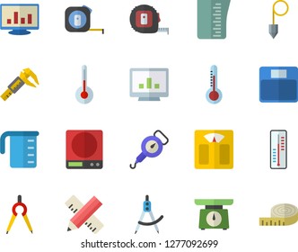 Color flat icon set tape measure flat vector, construction plummet, weighing machine, meashuring cup, spring balance, temperature, thermometer, trammel, dividers, computer chart, centimeter