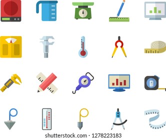 Color flat icon set tape measure flat vector, construction plummet, weighing machine, meashuring cup, spring balance, thermometer, trammel, dividers, computer chart, centimeter