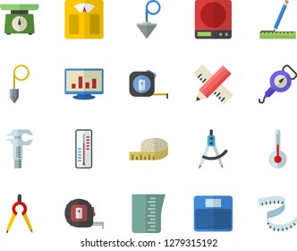 Color flat icon set tape measure flat vector, construction plummet, weighing machine, meashuring cup, spring balance, temperature, thermometer, dividers, trammel, computer chart, centimeter