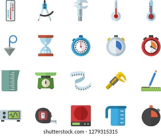 Color flat icon set tape measure flat vector, construction plummet, weighing machine, meashuring cup, temperature, thermometer, trammel, dividers, oscilloscope, centimeter, stopwatch, hourglass
