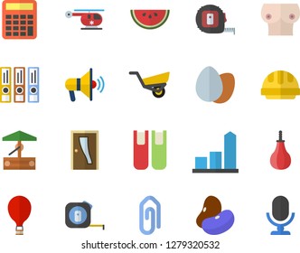 Color flat icon set tape measure flat vector, Entrance door, hard hat, legumes, egg, watermelon, well, garden wheelbarrow, chart, helicopter, breast, book, calculator, folders for papers, mouthpiece