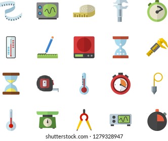 Color flat icon set tape measure flat vector, construction plummet, weighing machine, stopwatch, temperature, thermometer, trammel, dividers, oscilloscope, centimeter, hourglass