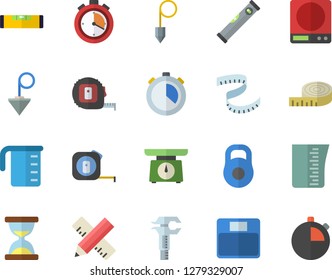 Color flat icon set tape measure flat vector, level meter, construction plummet, weighing machine, meashuring cup, trammel, weight, centimeter, stopwatch, hourglass