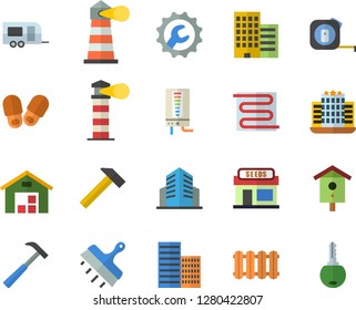 Color flat icon set tape measure flat vector, skyscraper, repair, putty knife, warm floor, heating batteries, hammer, boiler, nesting box, grain warehouse, lighthouse, office building, hotel, key