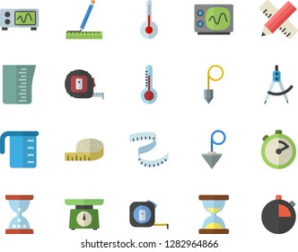 Color flat icon set tape measure flat vector, construction plummet, weighing machine, meashuring cup, stopwatch, temperature, thermometer, dividers, oscilloscope, centimeter, hourglass