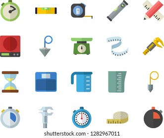Color flat icon set tape measure flat vector, level meter, construction plummet, weighing machine, meashuring cup, stopwatch, trammel, centimeter, hourglass