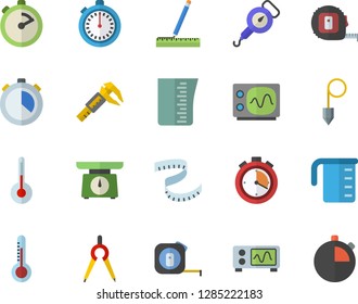 Color flat icon set tape measure flat vector, construction plummet, weighing machine, meashuring cup, spring balance, stopwatch, temperature, thermometer, trammel, dividers, oscilloscope, centimeter