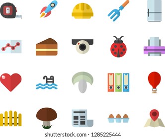 Color flat icon set tape measure flat vector, hard hat, fridge, egg, mushroom, piece of cake, ladybird, pitchfork, fence, rocket, document, point diagram, printer, folders for papers, pool, heart