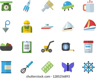 Color flat icon set tape measure flat vector, construction plummet, weighing machine, whisk, spaghetti on a fork, salad, tea, butterflies, lawn mower, worker, sailboat, pill packaging, vial, rocket