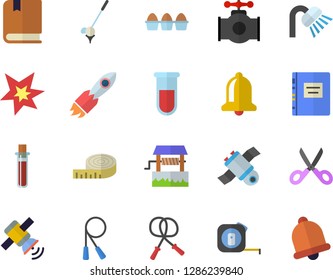 Color flat icon set tape measure flat vector, shower, scissors, egg, well, main pipeline, rocket, blood test, satellit, spark, textbook, centimeter, skipping rope, golf fector, bell