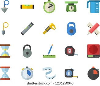 Color flat icon set tape measure flat vector, level meter, construction plummet, weighing machine, meashuring cup, stopwatch, trammel, weight, centimeter, hourglass