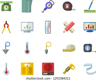 Color flat icon set tape measure flat vector, construction plummet, weighing machine, meashuring cup, spring balance, temperature, thermometer, trammel, dividers, computer chart, centimeter