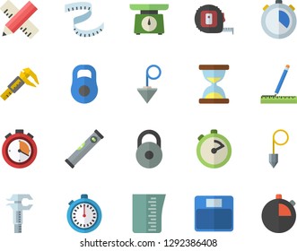 Color flat icon set tape measure flat vector, level meter, construction plummet, weighing machine, meashuring cup, stopwatch, trammel, weight, centimeter, hourglass