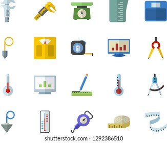 Color flat icon set tape measure flat vector, construction plummet, weighing machine, meashuring cup, spring balance, temperature, thermometer, trammel, dividers, computer chart, centimeter