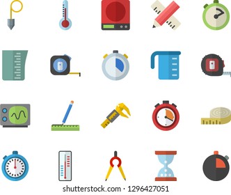 Color flat icon set tape measure flat vector, construction plummet, weighing machine, meashuring cup, stopwatch, thermometer, trammel, dividers, oscilloscope, centimeter, hourglass
