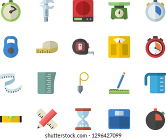 Color flat icon set tape measure flat vector, level meter, construction plummet, weighing machine, meashuring cup, stopwatch, trammel, weight, centimeter, hourglass