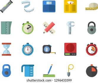 Color flat icon set tape measure flat vector, level meter, construction plummet, weighing machine, meashuring cup, stopwatch, trammel, weight, centimeter, hourglass